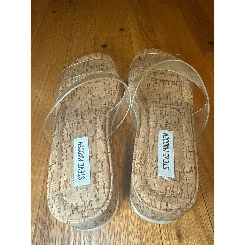 NEW Steve Madden Womens Defuse Cork Clear Vinyl Strap Platform Sandals Sz 8 - Picture 5 of 7